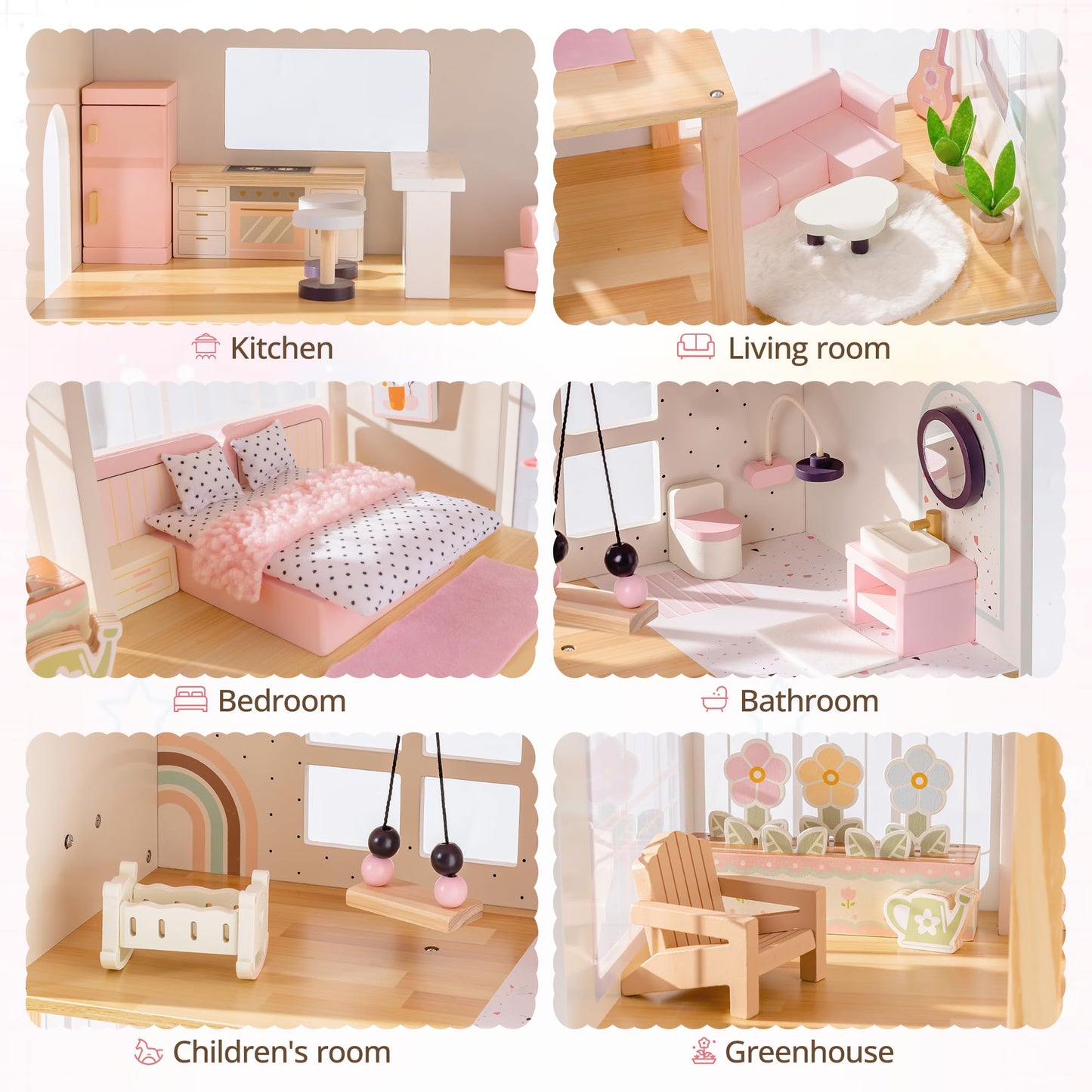 ROBOTIME Doll House for Girls – Three-Story Wooden Dollhouse with 6 Open Rooms, Transparent Conservatory, 37Pcs DIY Modular Furniture Accessories, Pretend Dollouse Creative Gift for Girl Ages 3+