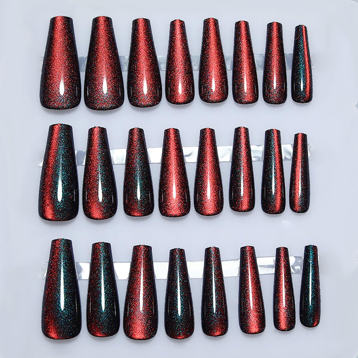 Handmade Press on Nails - Blue & Red Gradient Fake Nails| Glossy,Glitter,Reusable Long Nails,Velvet Effect Design Acrylic Nails | 12 Sizes - 24 Nail Kit with Jelly Glue