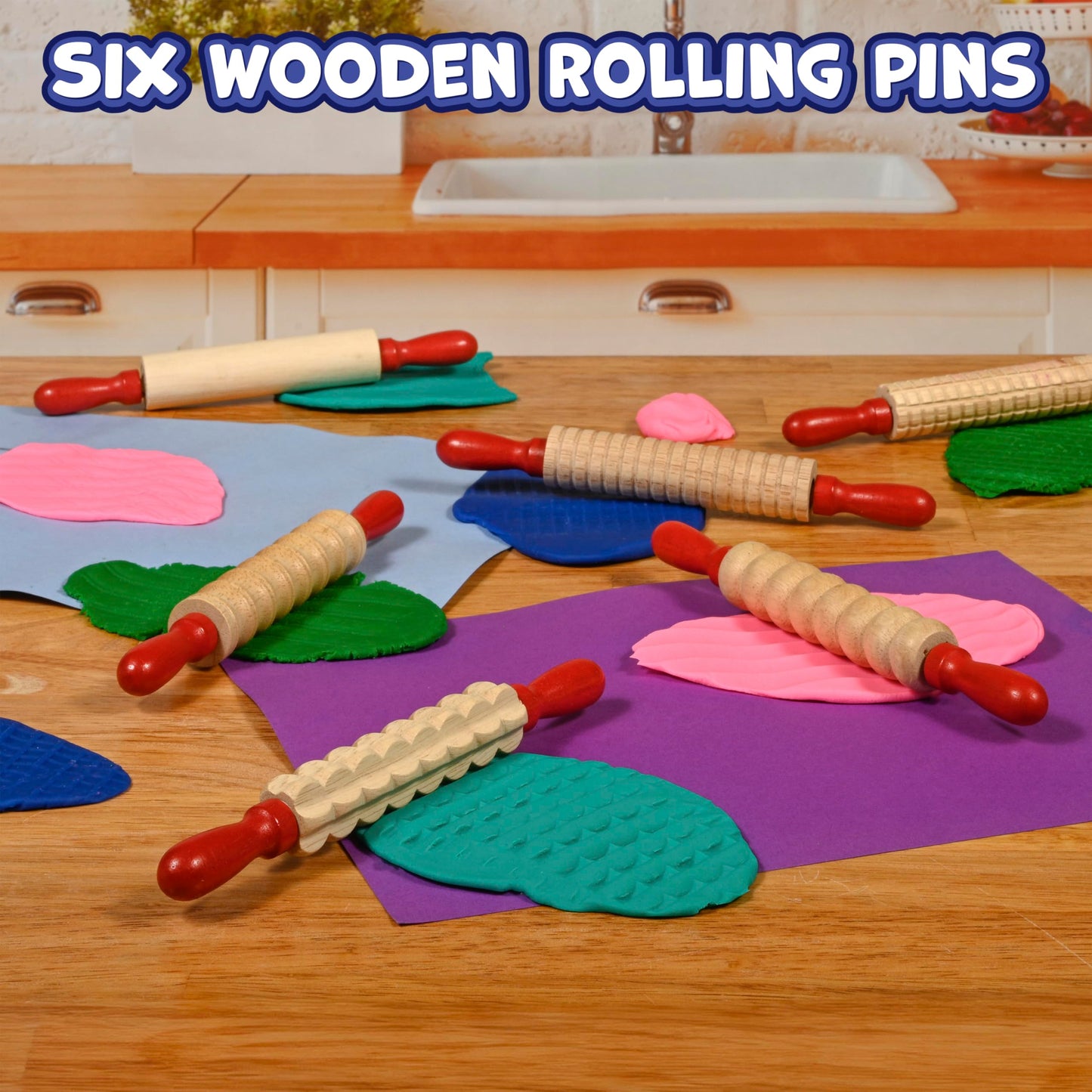 READY 2 LEARN Mini Textured Wooden Rolling Pins | Set of 6 | 7.25 inches | Turning Handles | Rollers for Kids' Dough, Crafts, Imaginative Play