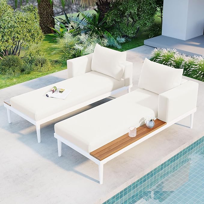 Polibi Patio Metal Daybed with Wood Topped Side Spaces for Drinks,Modern Outdoor Daybed 2 in 1 Padded Chaise Lounges for Poolside, Balcony, Deck,Beige