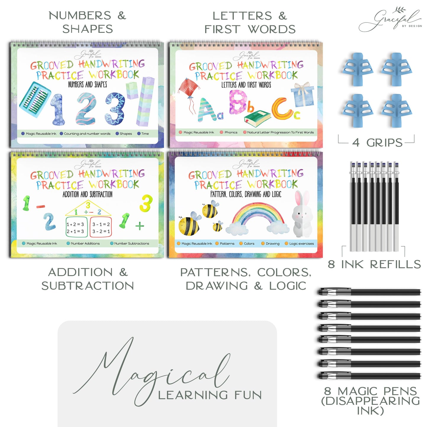 Grooved Handwriting Practice Books for Kids 3-7 | Reusable Letter Tracing with Mess-Free Disappearing Ink | Teacher-Designed | Magic Grooved Writing Practice Books | Full Set