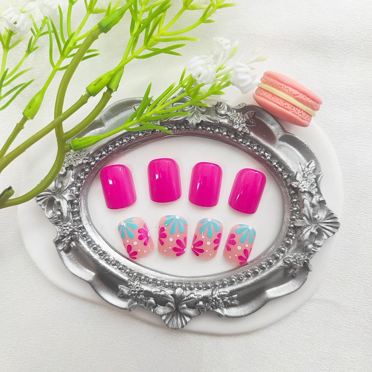 Press on Nails Short Square Fake Nails with Flower Designs Acrylic Nails Press ons Glossy Glue on Nails Spring Summer False Nails Pink Full Cover Artificial Stick on Nails for Women 24Pcs