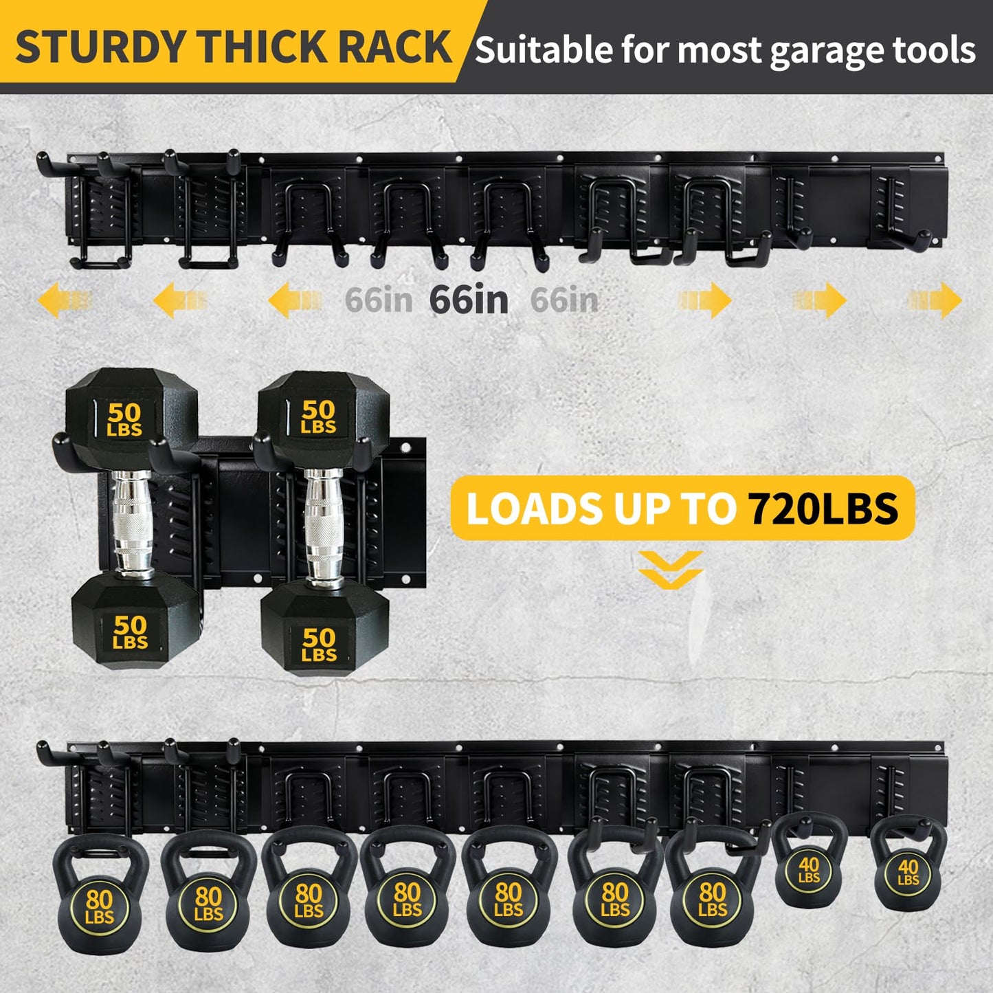 Dovalunetra 66'' Heavy-Duty Garage Tool Organizer Wall Mount – 720lbs Capacity Metal Rack with Adjustable Hooks for Rake, Broom, Shovel, Snowboard & Garden Tools