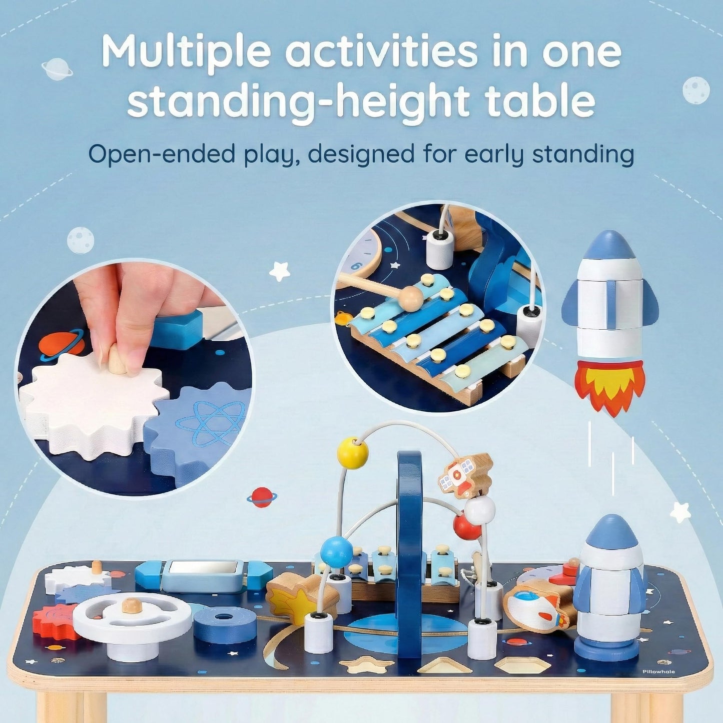 Pillowhale Wooden Activity Table with Bead Maze for 1 Year Old – Standing Sensory Play Table, Montessori Early Development Toy for Toddlers