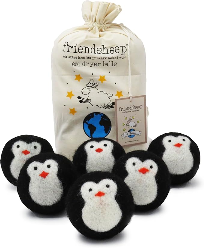 Friendsheep Wool Dryer Balls, Organic Reusable Fabric Softener Alternative for Laundry, Handmade, Fair Trade, Hypoallergenic, Eco-Friendly, Plastic-Free (6 Pack XL – Black Penguin)