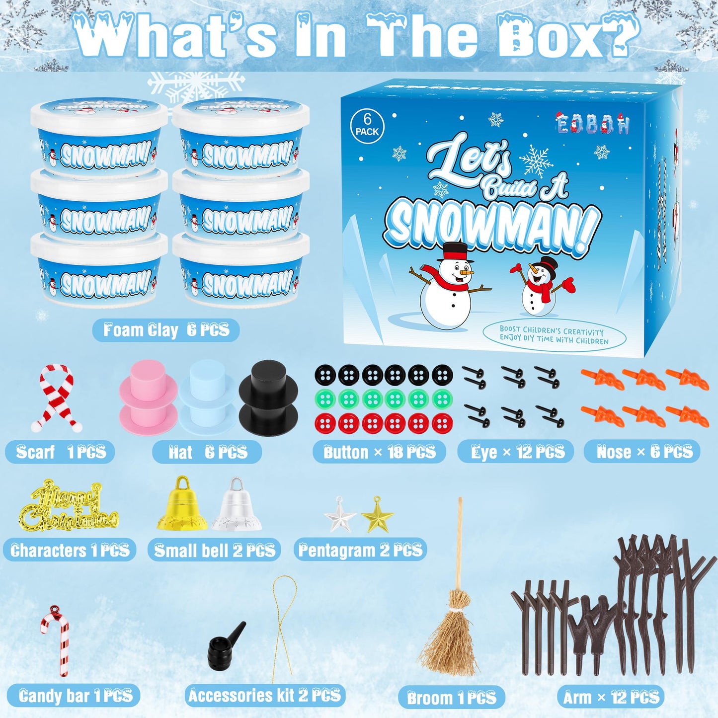 EOBOH 6 Pack Snowman Kit, Christmas Craft DIY for Kids, Build a Snowman Craft Winter Decorations Indoor, Creative Kids Air Dry Clay Modeling Crafts Kit for School Winter Party Activities