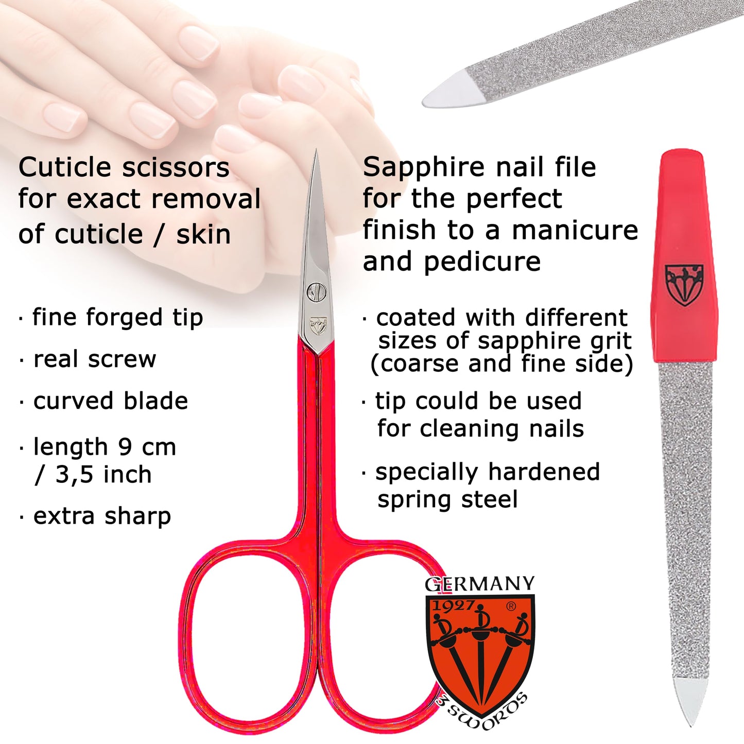 3 Swords Germany - Brand Quality 6 piece Manicure Pedicure Grooming kit Set - Scissors, Metal and Glass Nail File, Clipper, Tweezers with Synthetic Leather case - red/red Tools