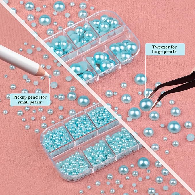 4 Boxes Flat Back Pearls Kit 7 Flatback Light Blue Half Round Pearls 3-10mm with Pickup Pencil and Tweezer for Home DIY and Professional Nail Art, Face Makeup and Craft