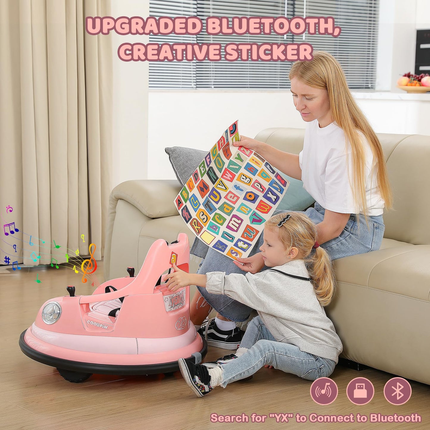 ELEMARA Bumper Car for Kids,1.9mph Max,12V Toddler Ride on Toys with Remote Control,2-Speed,2 Playing Modes,360 Degree Spin,Bumping Toy Gifts W/Bluetooth,5 LED Lights Modes,DIY Stickers,Pink