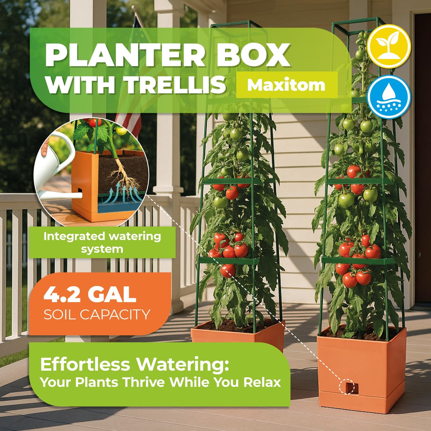 BioGreen 2 Pack Garden Tomato Planter MAXITOM, with Plant Support Trellis 59 inch and Self Watering, 4,2 Gal Planter Box for Climbing Vegetables Plants, Terracotta