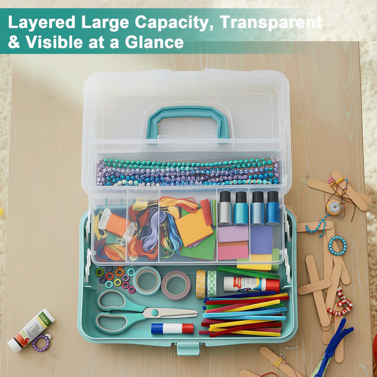 Craft Storage Box 3-Layer Plastic Craft Organizers and Storage, Portable Art Supply Organizer with Handle, Dividing Craft Box Organizer, Folding Arts and Crafts Storage for Sewing, Medicine, Tool