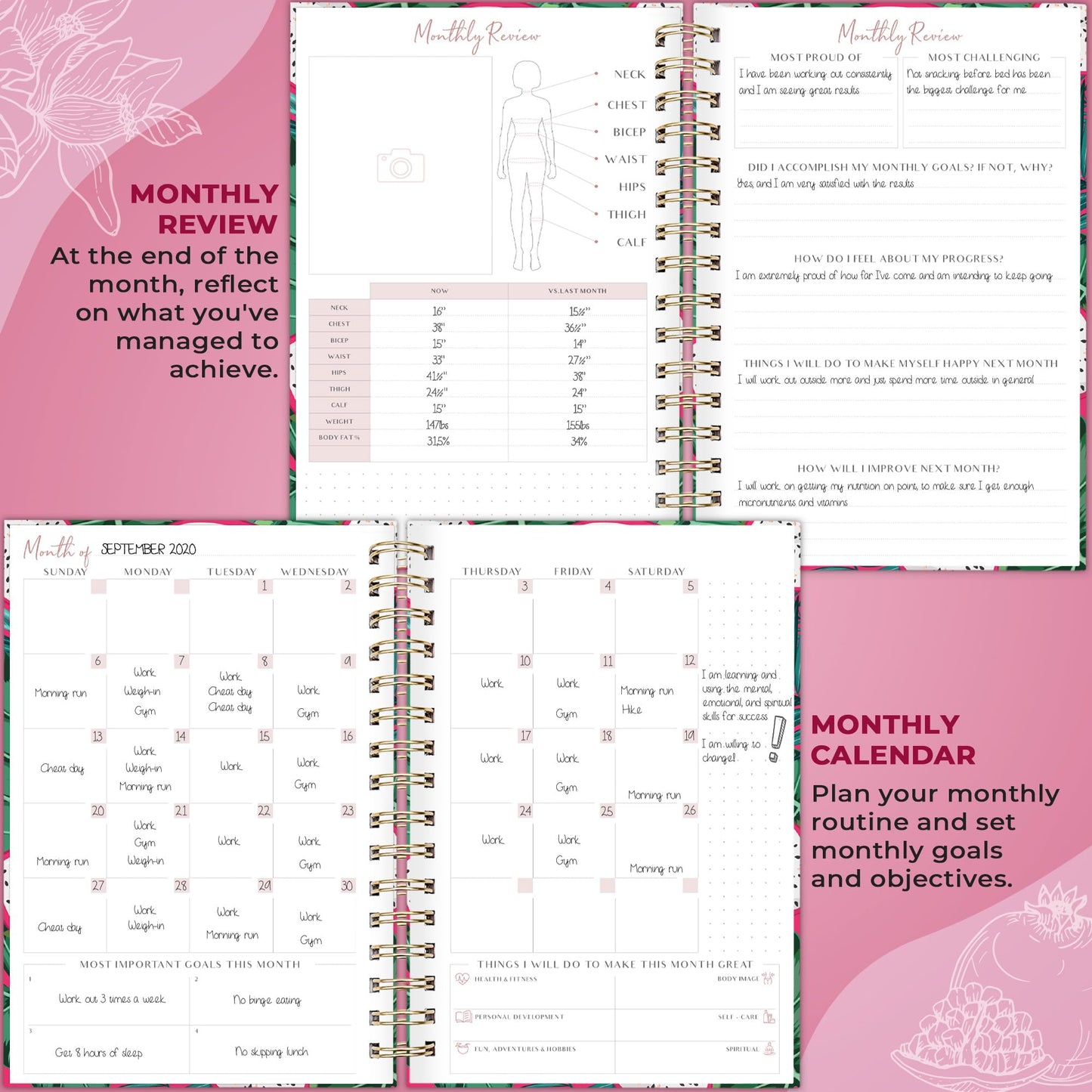 PLANBERRY Food Journal Premium – Nutrition Planner – Diet & Calorie Tracker – Meal & Exercise Diary – Weight Loss Journal (Dragon Fruit)