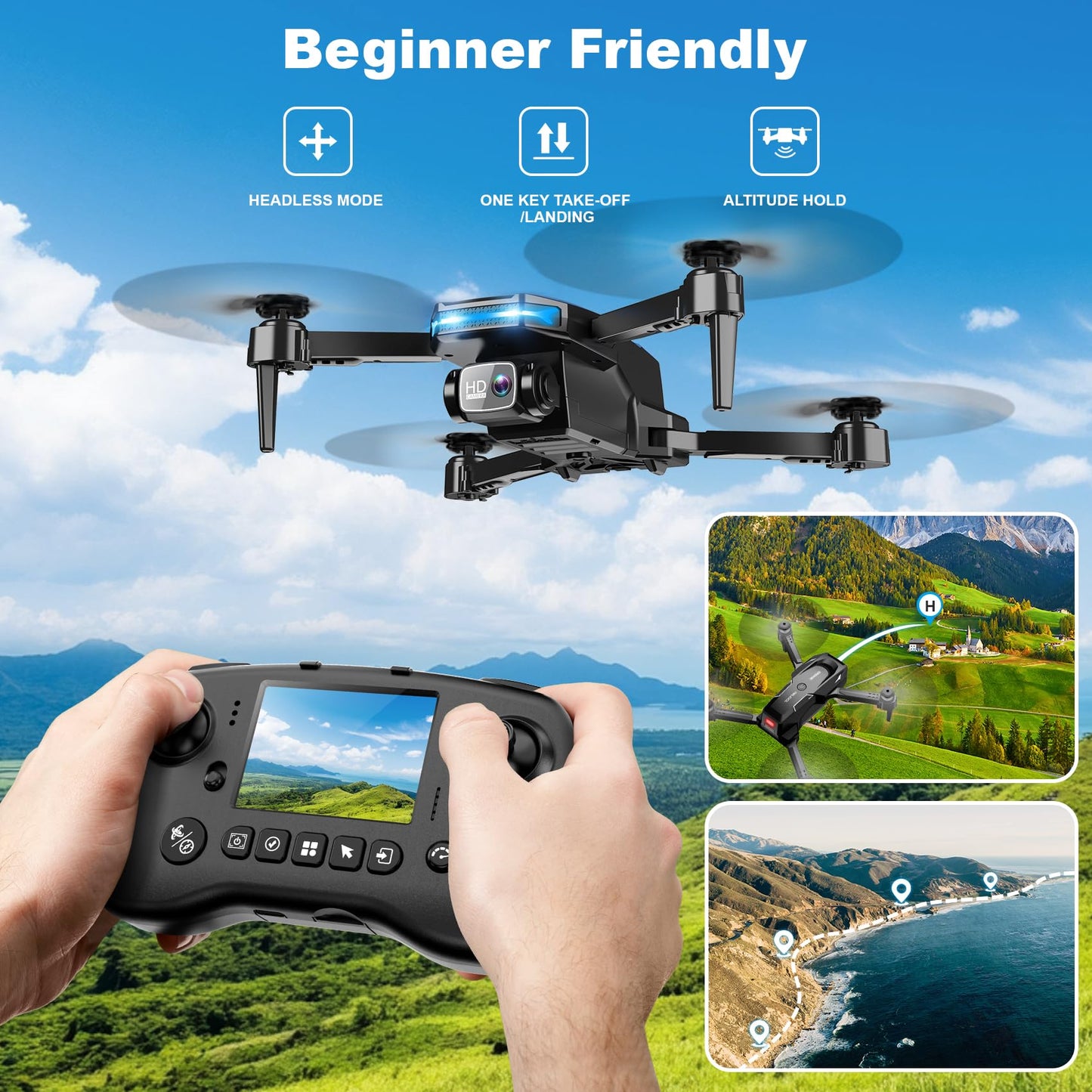 Drone with Camera - Drone with Screen on Controller for Beginners, Foldable Remote Control Quadcopter with Gesture Control, 3D Flip, One Key Start, Emergency Stop, 2 Batteries, Easier to use