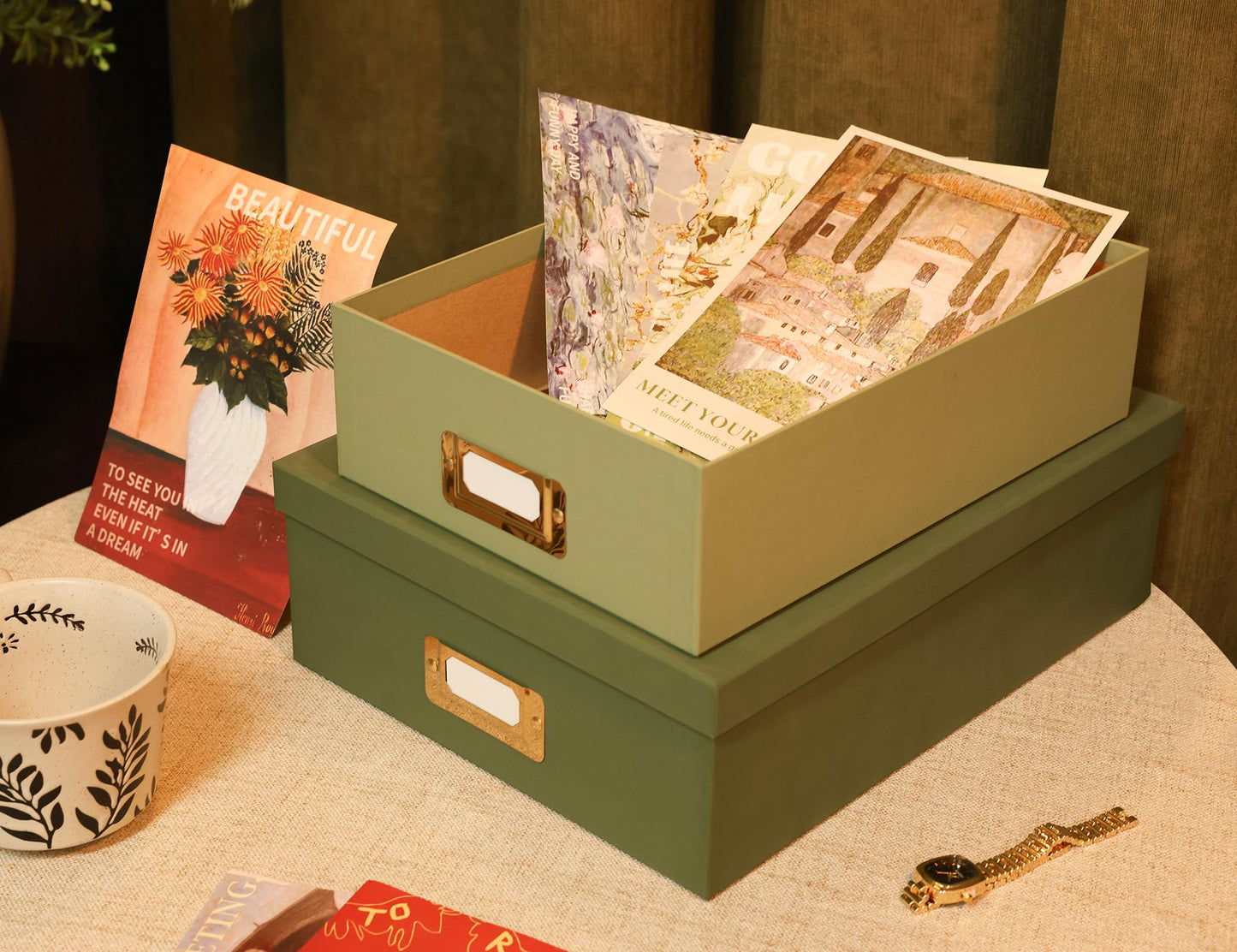 MIZFRUZZY 2-Piece Decorative Storage Boxes, Sophisticated Dual-green Palette, Paperboard Stackable with Gold Label Holders for Home Office Organization, Home Decor, Photos, Files and Keepsake Box