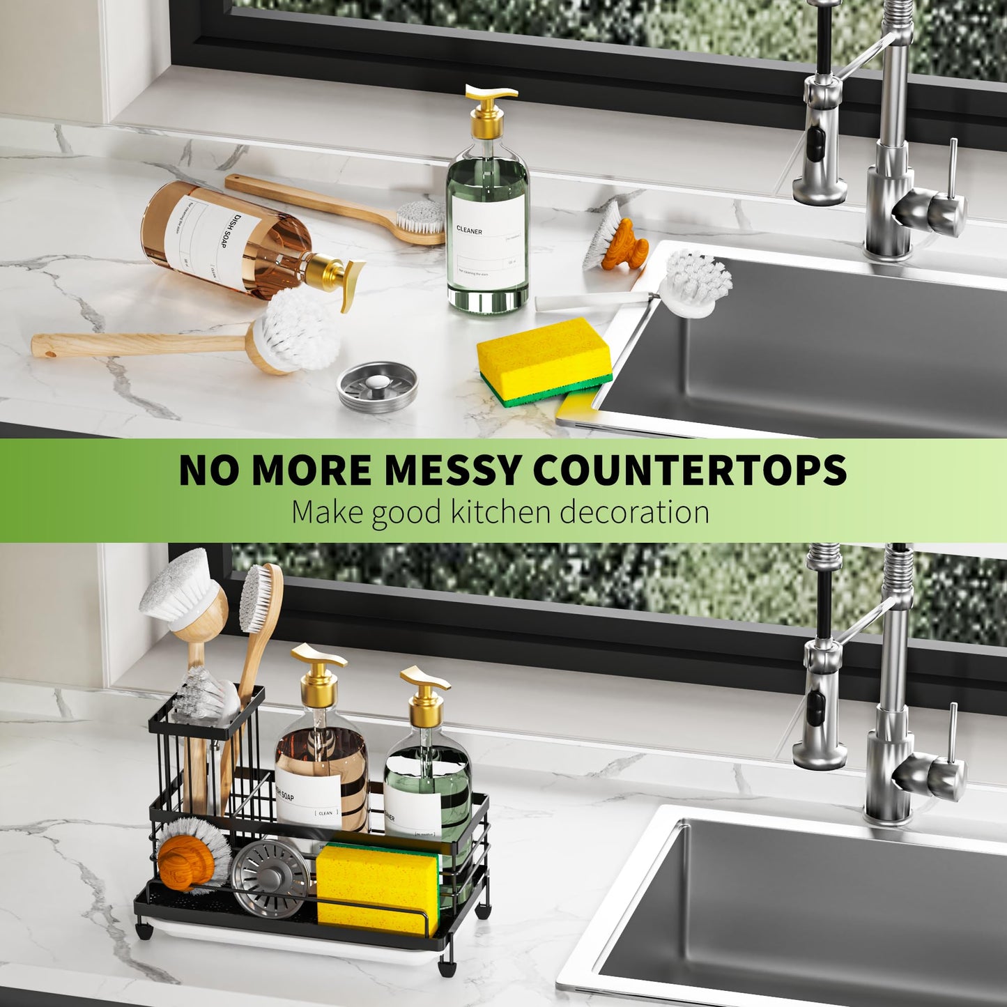 Cisily Large Capacity Kitchen Sink Caddy Organizer, Rustproof Non-Slip Sponge Holder With Dish Brush Holder Organizer, Kitchen Organization and Storage, Essentials Accessories for Countertop