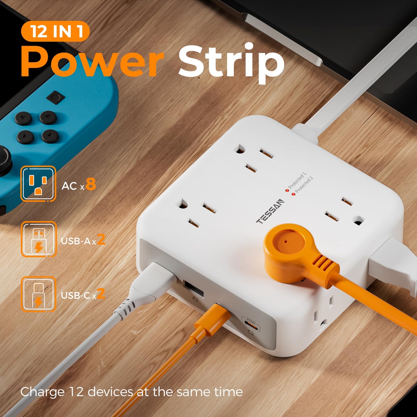 TESSAN Dual Surge Protector Power Strip, 5 Ft Extension Cord Flat Wall Plug with 4 USB (2 USB C) 8 Outlets, 2100J Surge Protection, 20W Multiple Charging Station for Home, Office, College, Dorm, Grey