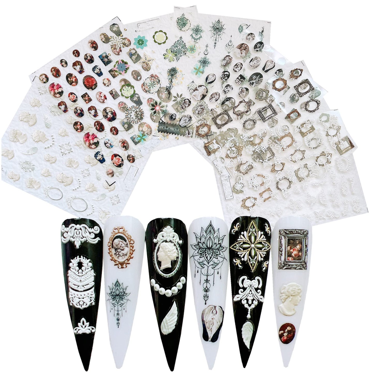 NAIL ANGEL 7Sheets Nail Art Adhesive Sticker Sheet 3D White Wedding Frame Shapes Nail Art Decoration 10310