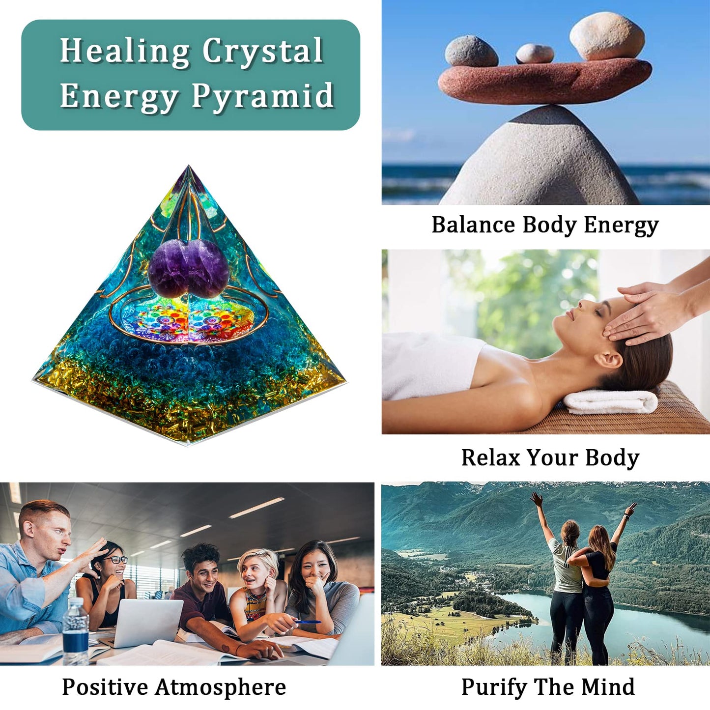 Orgone Pyramid, Amethyst Healing Crystal Pyramid and Orgonite Healing Stones, Protection Crystal Energy Generator for Yoga, Meditation, Stress Reduce