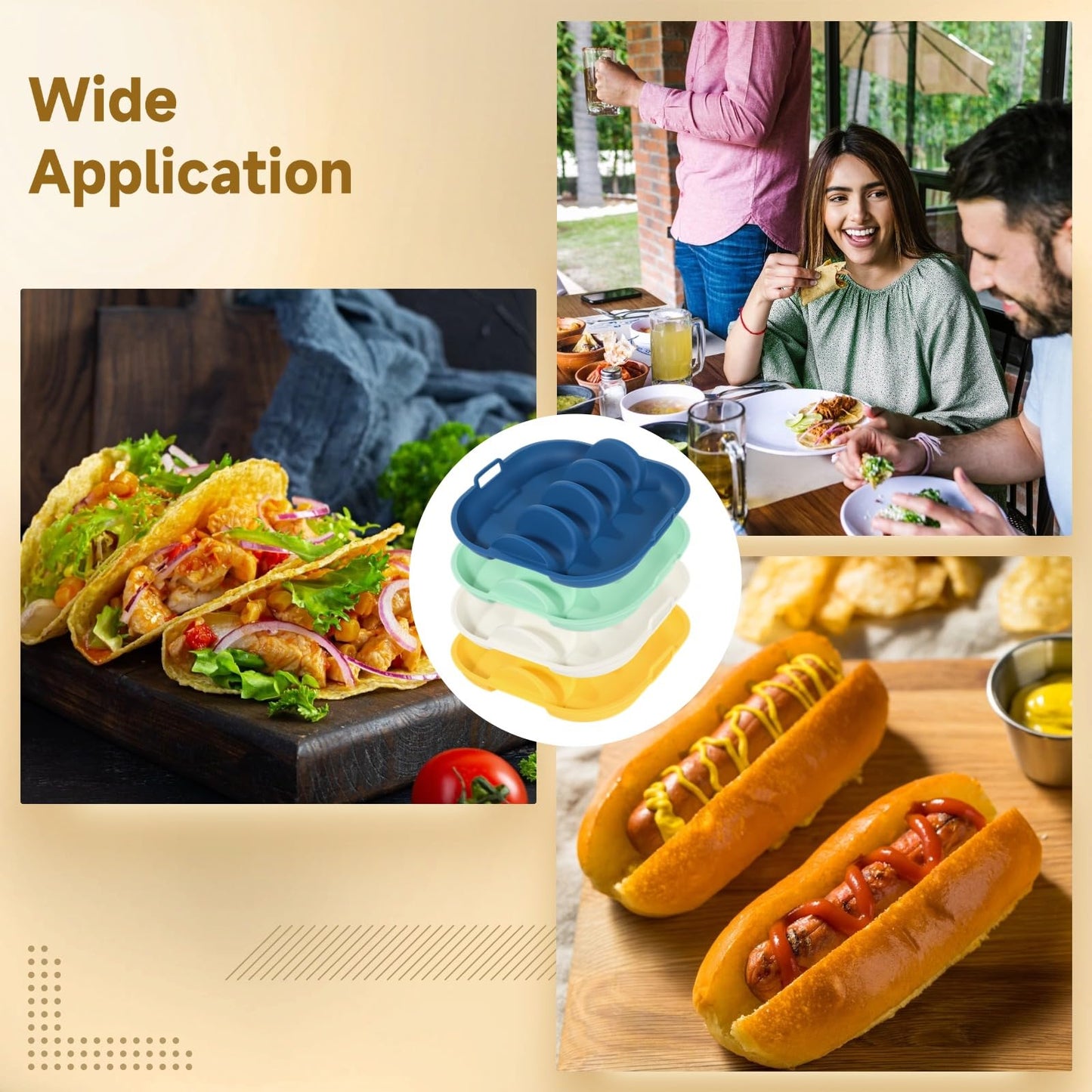 4 Pack Silicone Taco Holder Plates, 4 Slots Reusable Silicone Taco Holder, 4 Dividers Taco Stand with Handles, Large Taco Serving Tray for Party, Microwave Oven Dishwasher Safe