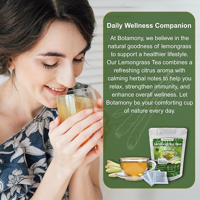 BOTAMONY 75 Premium Lemongrass Tea Bags 1.5g/Bag, 100% Natural Zacate de Limon, Caffeine-Free Herbal Tea for Daily Enjoyment, Refreshing Citrus-Mint Aroma & Smooth Flavor, Non-GMO & Vegan