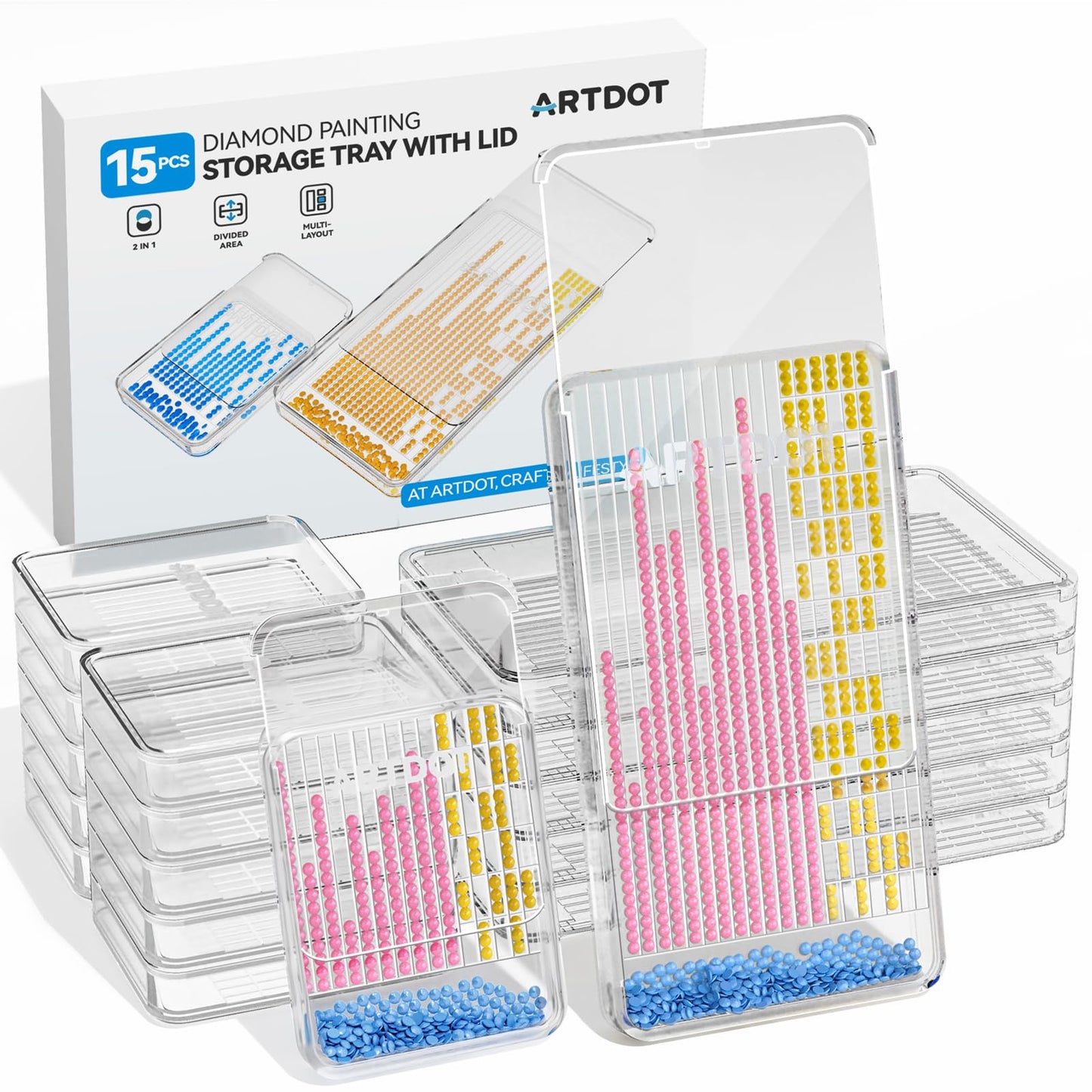 ARTDOT 15-Piece Diamond Art Storage Trays Kits for Adults with Lids, 2-in-1 Stackable Diamond Painting Accessories and Tools