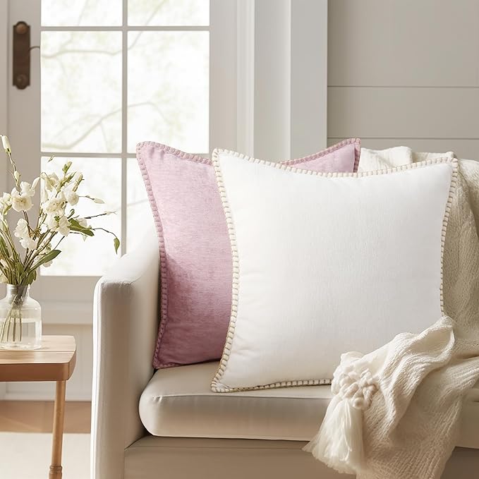 decorUhome Chenille Soft Throw Pillow Covers 18x18 Set of 2, Farmhouse Velvet Neutral Decorative Euro Pillow Covers with Stitched Edge for Couch Sofa Bed Home Decor, Cream White