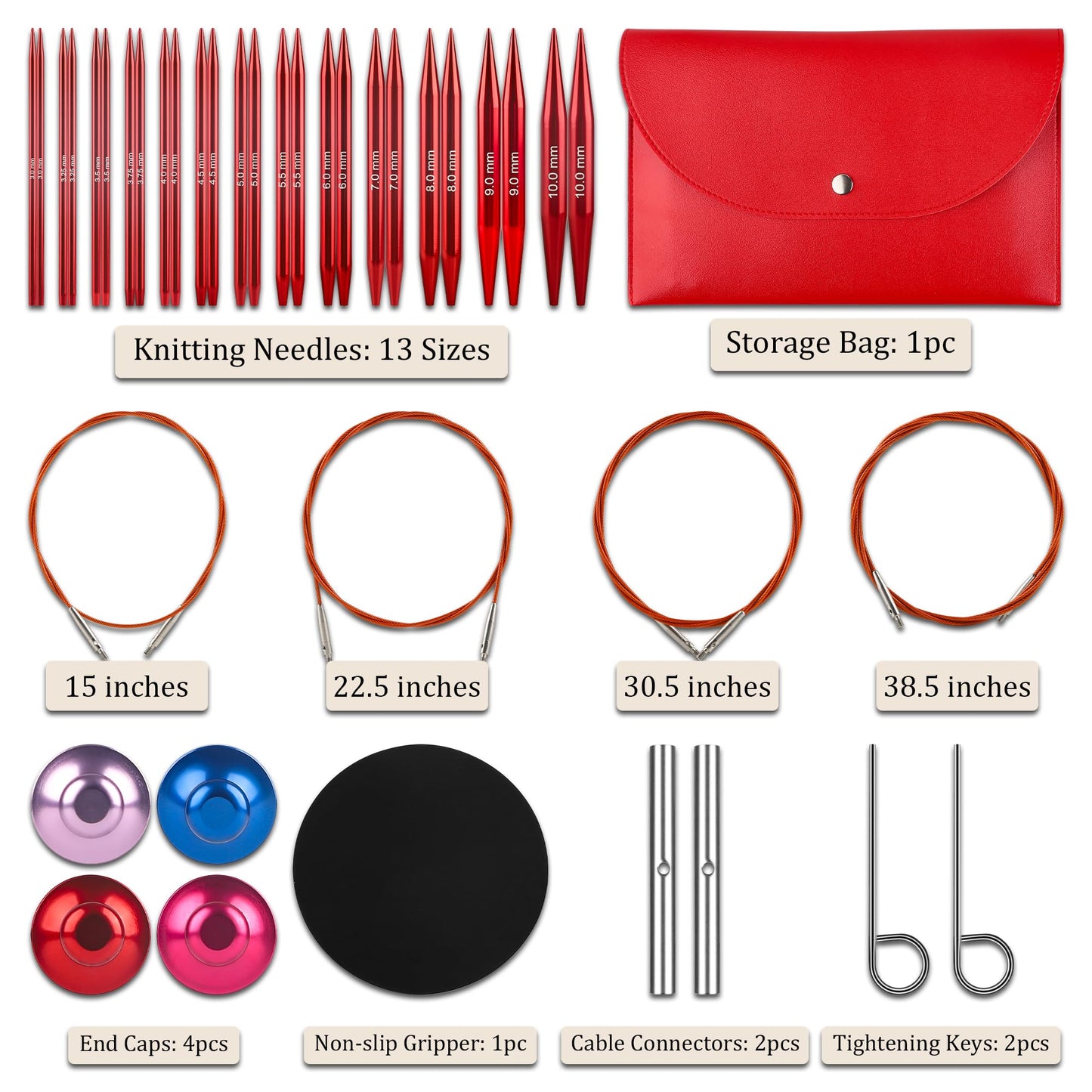 Interchangeable Circular Knitting Needles Set - 13 Pairs | Premium Aluminum Knitting Needles & Accessories | Red1