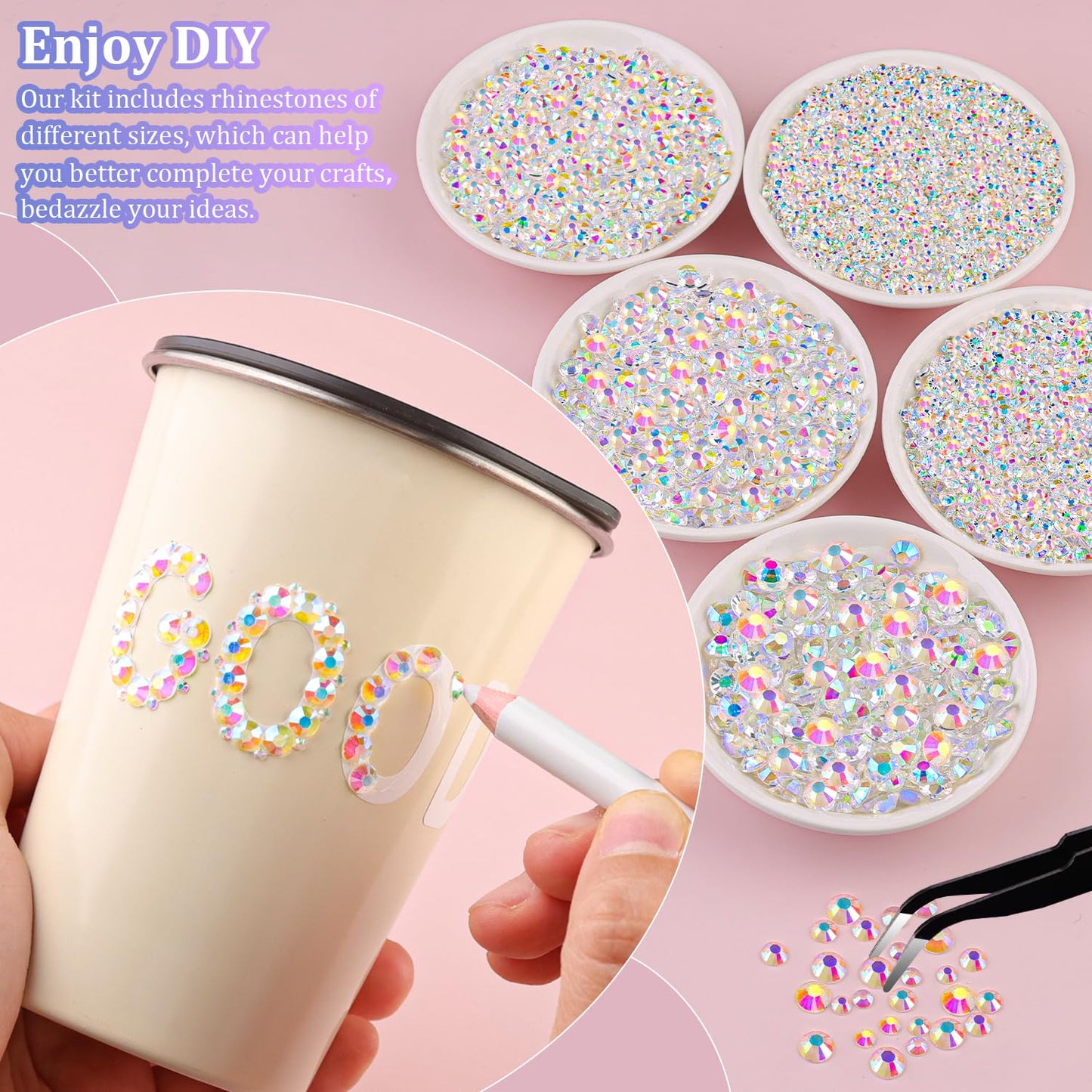 30000Pcs Resin Rhinestones for Bedazzling with Tweezers, Transparent AB Rhinestones for Crafting with B7000 Jewelry Glue for DIY Crafts Clothing Tumblers Shoes Fabric Nail Art