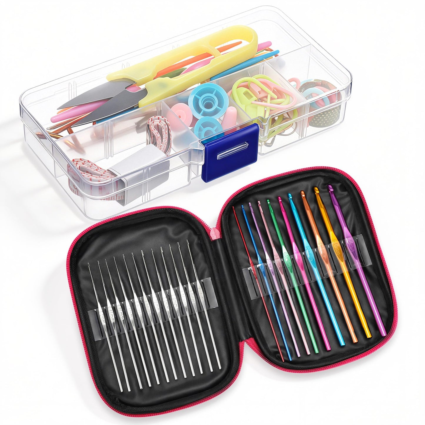 Dunkive 22-Piece Crochet Hooks Set with Case and Complete Knitting Accessories Kit, Aluminum Ergonomic Crochet Hooks, Stitch Holders, Needles & Stitch Markers for Beginners and Arthritic Hands