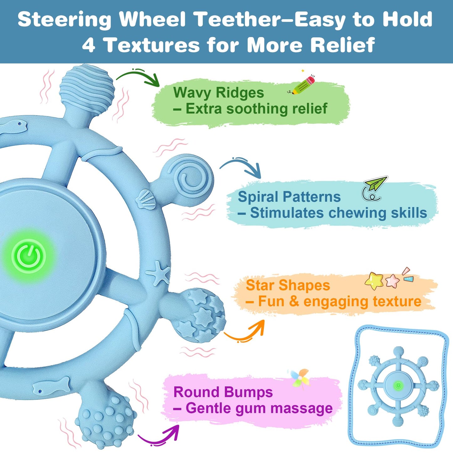 YOFUN 3-Speed Vibrating Baby Teether – Soothing Silicone Teething Toy for Infants 3M+, Food-Grade, USB Rechargeable – Soft & Safe Gum Relief for Babies (Blue)
