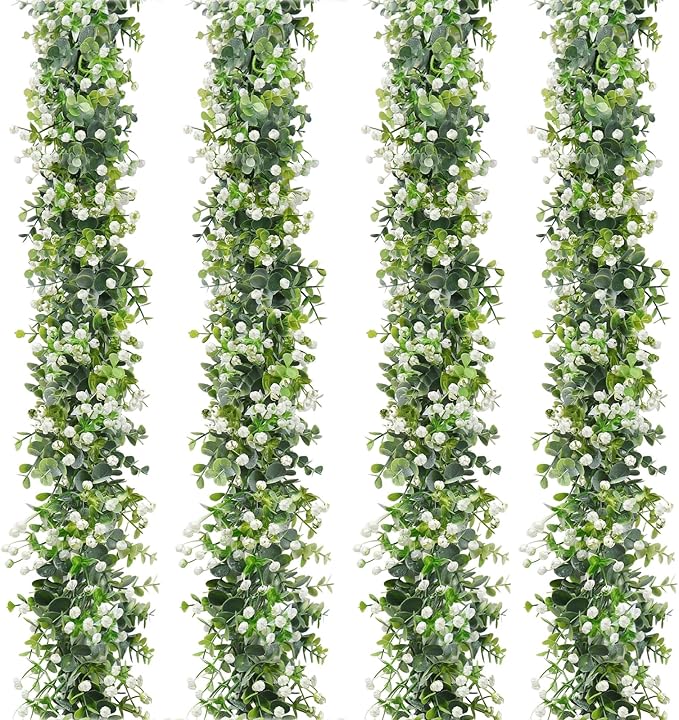 Faux Eucalyptus Garland 4 Pack – 24ft Artificial Greenery Vine with White Flowers for Wedding, Party & Mantle Decor