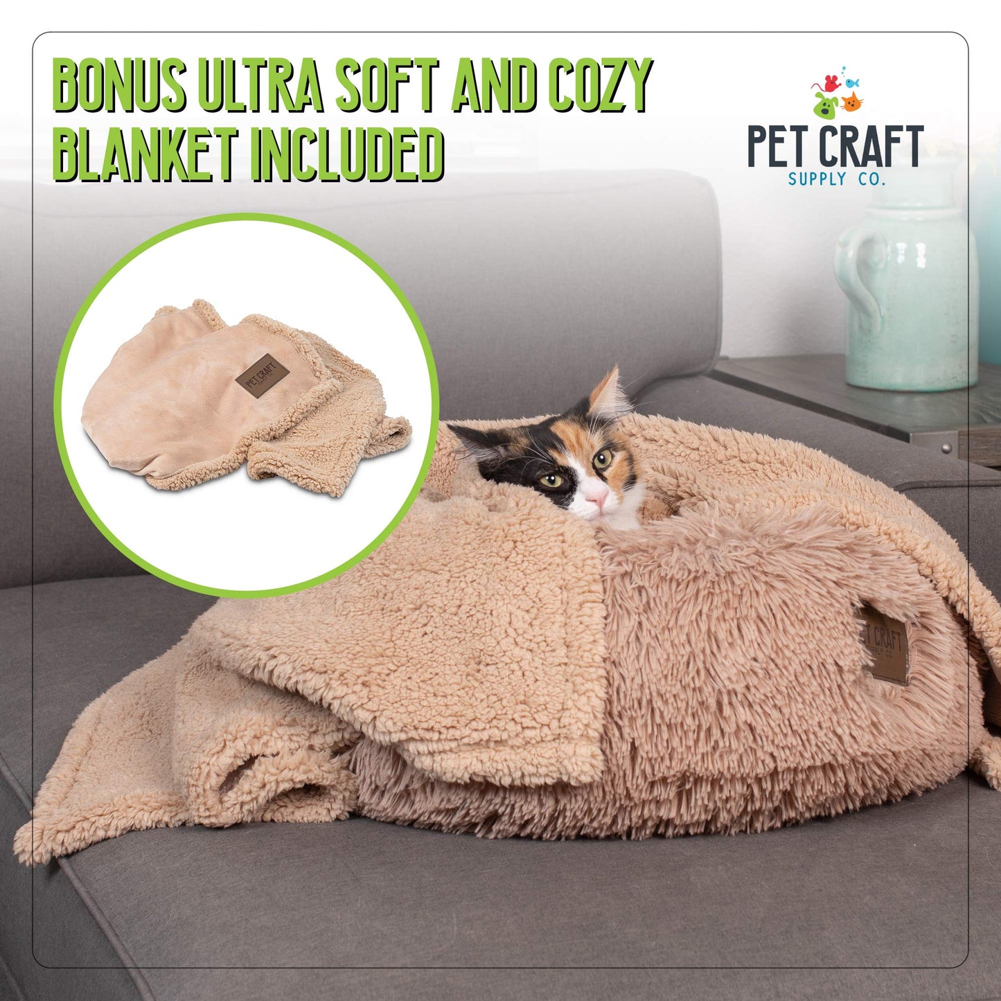 Pet Craft Supply Ultra Plush Calming Anti-Anxiety Pet Bed - Includes Super Soft Comfort Blanket - Great Medium Dog Bed Small Dog and Cat Bed;Cream