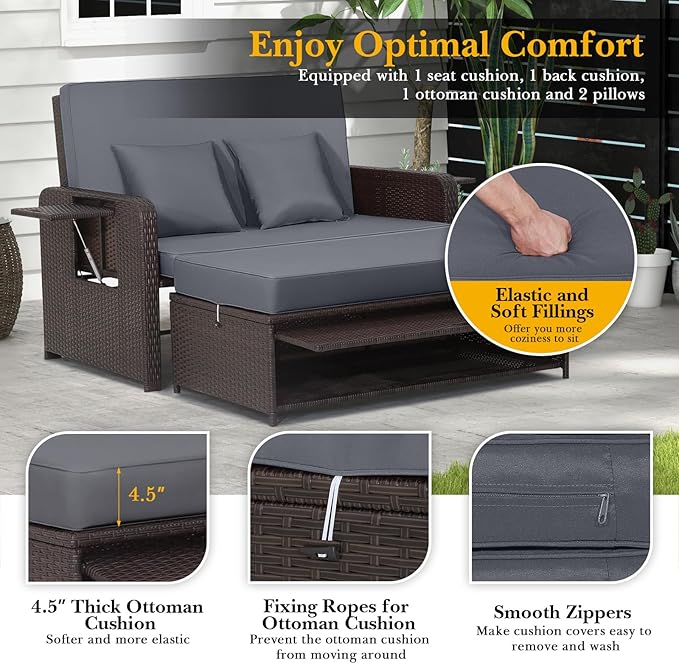 HAPPYGRILL Patio Rattan Wicker Daybed with Loveseat & Storage Ottoman, Outdoor Lounge Sofa Furniture Set with Adjustable Backrest & Side Trays, for Poolside Deck Porch Lawn (Mix Brown & Grey)