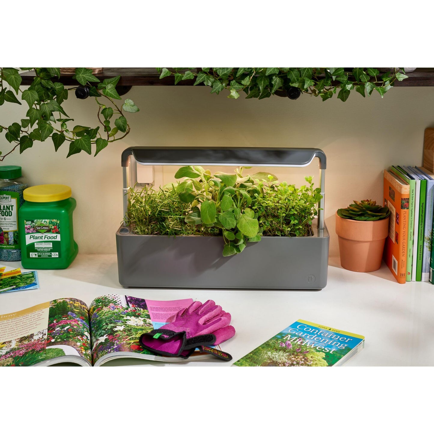 iDesign Countertop Self-Watering Plant Pot Center with Grow Light and 3 Plant Pots, Charcoal