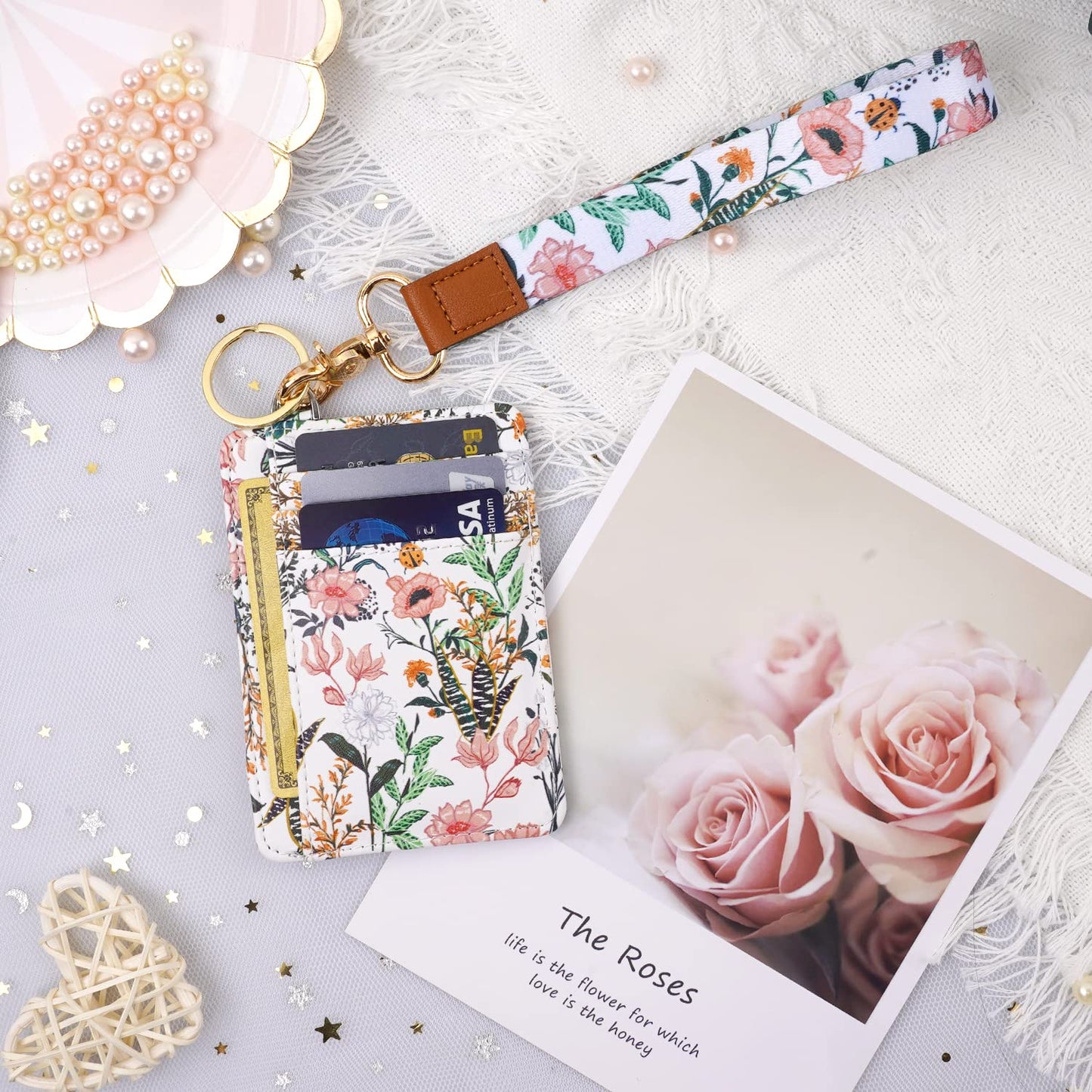Coco Rossi Slim Front Pocket Wallet RFID ID Card Holder Cute Small Wallet with Wrist Lanyards Key Chain Holder for Women,White Flowers