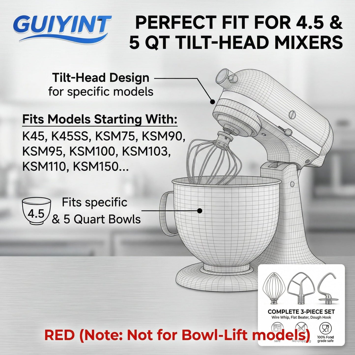Guiyint Stainless Steel 3 Piece Mixer Attachments Kit – Replacement for KitchenAid Tilt-Head & Bowl-Lift Stand Mixers (4.5, 5, 6 Quart) – Includes Dough Hook, Flat Beater, 6-Wire Whisk