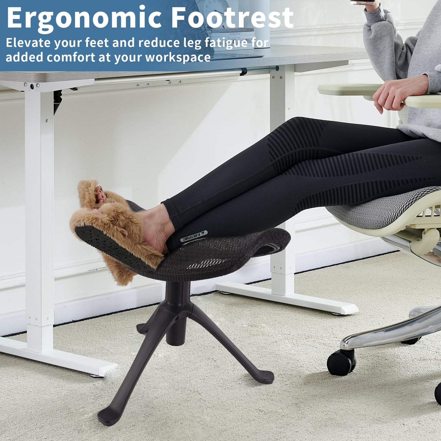 Under Desk Footrest, 2-in-1 Height Adjustable Rotatable Ergonomic Under Desk Foot Rest Ottoman, Rolling Leg Rest Stool with Breathable Mesh and Nylon Frame for Home Office