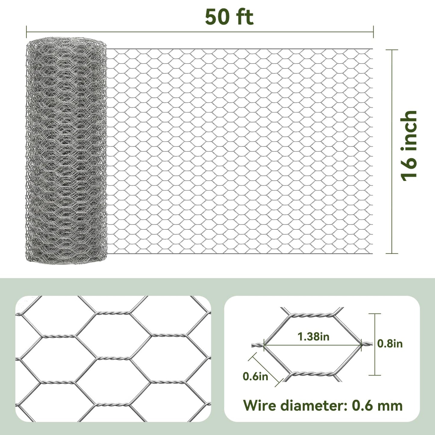 Amagabeli Chicken Wire Fencing 16in x 50ft Garden Netting Poultry Wire Hexagonal Galvanized Mesh Roll Fence Barrier for Raised Bed Cattle Panels for Plant Trellis Vegetable Dog Bird Pet Cage Craft