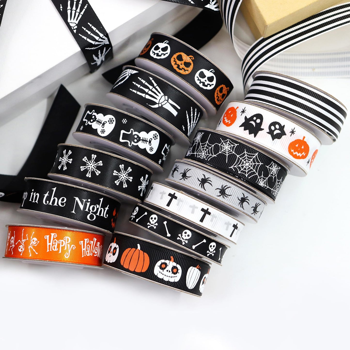 13 Rolls 65 Yards Halloween Ribbon Spider Skull Gnome Pumpkin Ribbons Halloween Printed Ribbon Gift Wrapping Home Wreath DIY Craft Party Decoration
