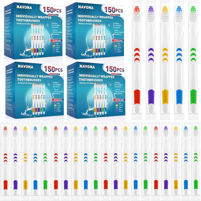 Navona 600 PCS Premium Individually Wrapped Bulk Toothbrush Pack, Disposable Toothbrushes, Kids Toothbrush, Medium Soft Bristle Toothbrushes, Ergonomics Handle, Perfect for Travel Hotel Donation