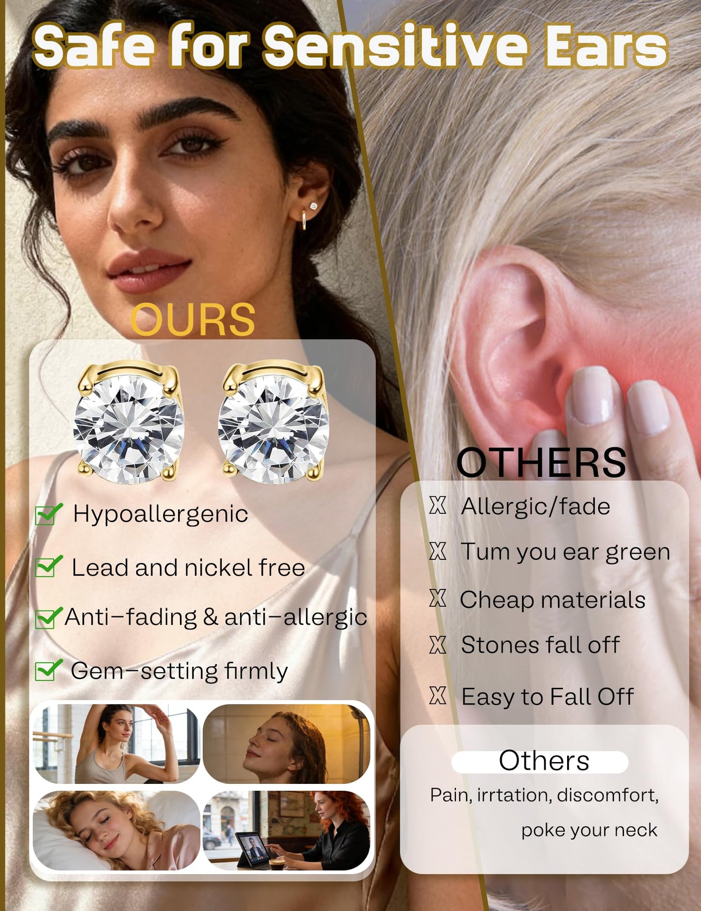 SIISPRI 4-7MM Magnetic Stud Earrings for Women Men Clip on Stud Earring Hypoallergenic Fake Earring Unisex Non Piercing Shiny Round CZ Halo Studs Diamond Earrings (Gold)