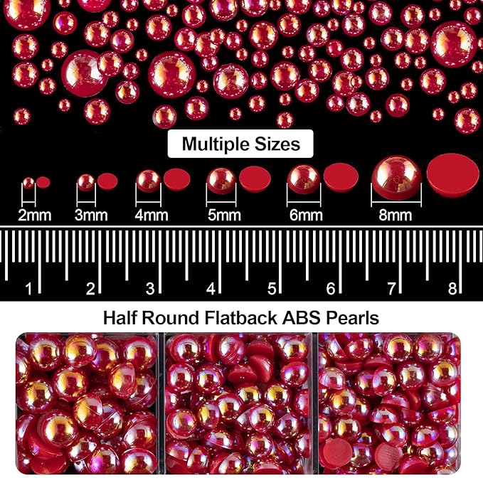 4000PCS Flatback Rhinestones and Half Round Pearls Kit #34, Multi Size Glass AB Crystals, Plastic Flat Back Red AB Dome Bead with Pickup Pencil and Tweezer for Nail Art