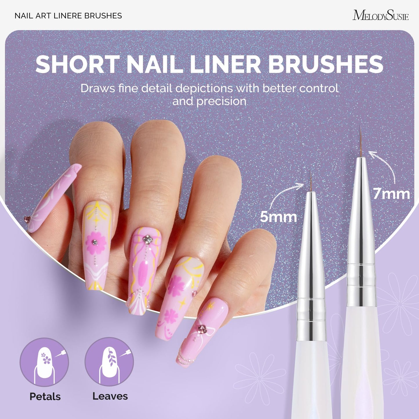 MelodySusie 5Pcs Nail Art Liner Brushes with 3D Nail Charms and Gems