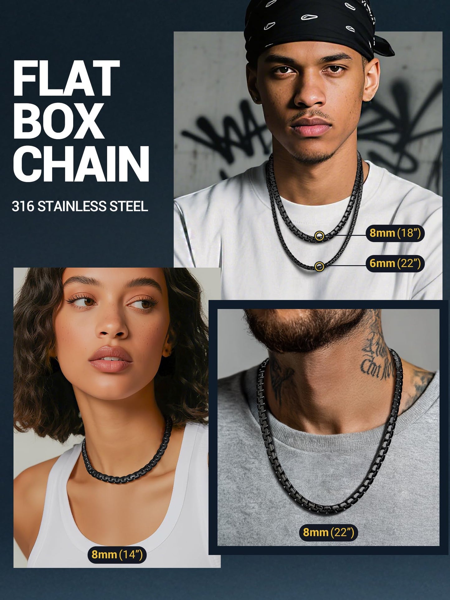 PROSTEEL Black Stainless Steel Necklace for Men 8mm Non Tarnish & Hypoallergenic Long Chain Hip Pop Jewelry