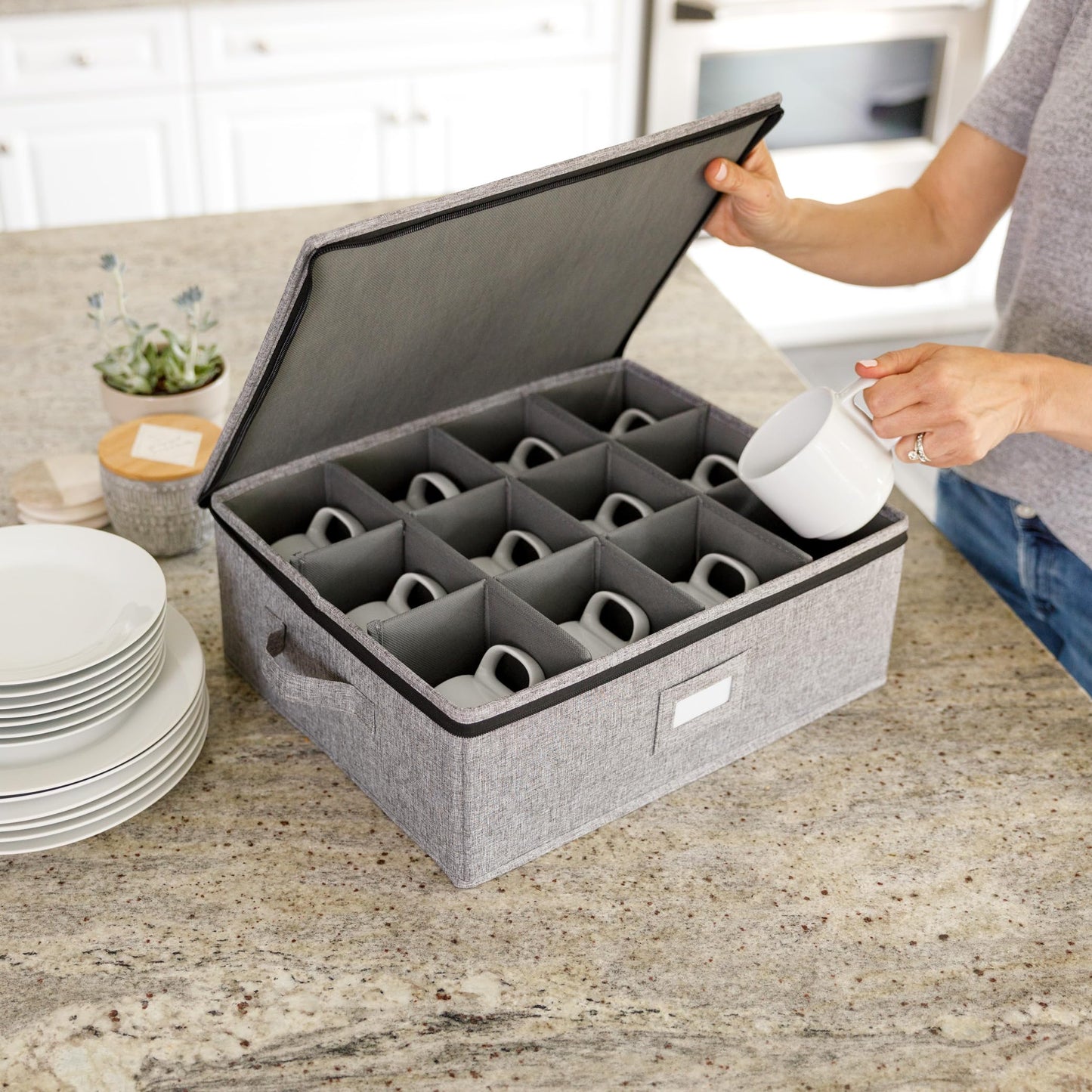 Cup Storage Container - 16" x 13" x 6"H - Holds 12 Coffee Cups - Tea Cups - Mugs - Hard Shell and Stackable - Includes Insert Card for Labeling and Padded Dividers
