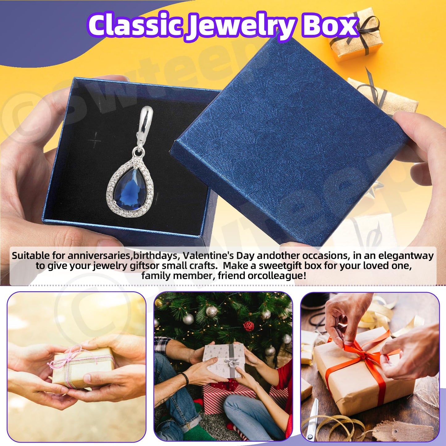 Swpeet 12Pcs Royal Blue 3.5×3.5×1 Inch Cardboard Jewelry Gift Boxes with Scissors and Polyester Ribbon, Necklace Earring Bracelet Boxes Gift Case Ideal for Jewelry Storage Packaging Display