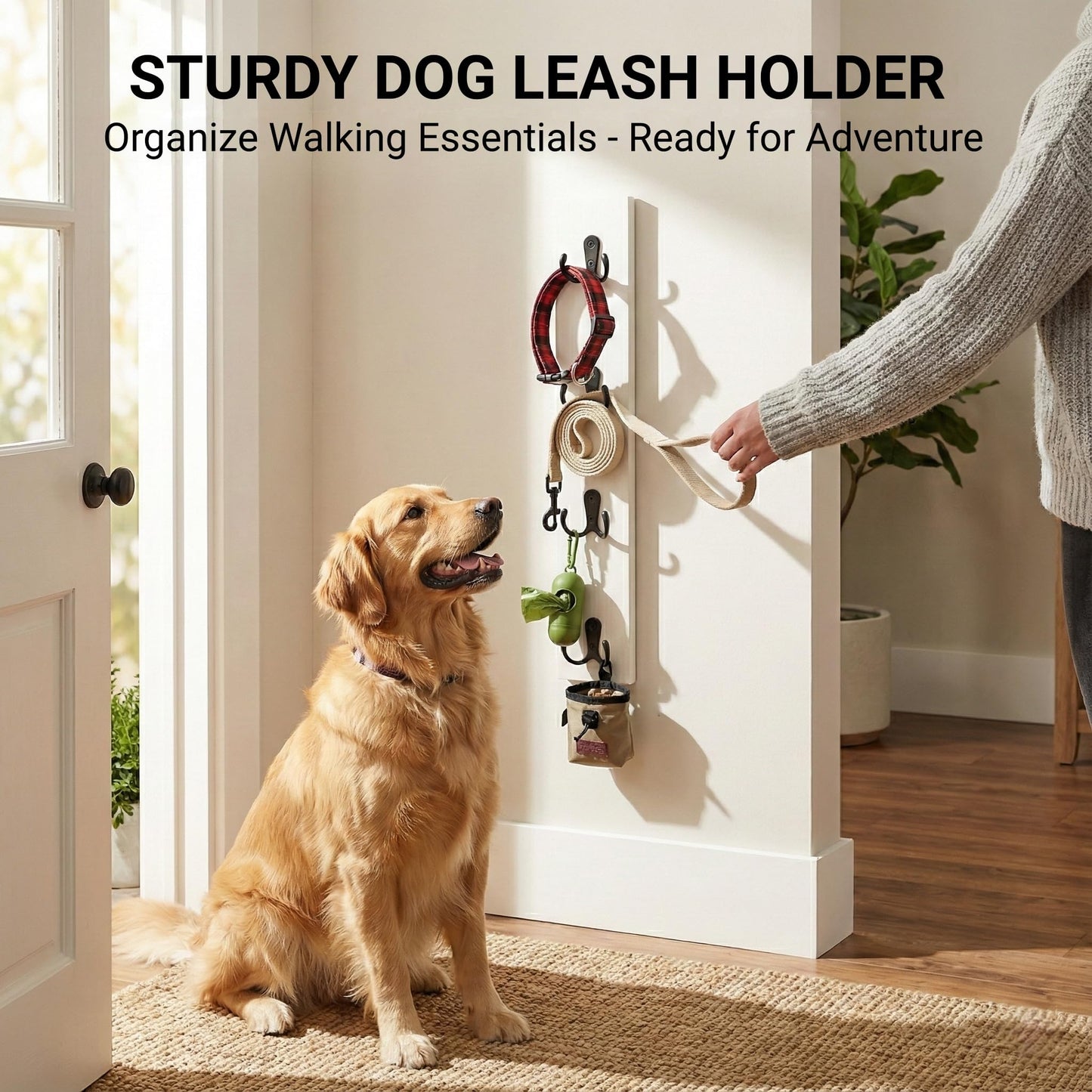 Vertical Key Holder for Wall & Dog Leash Holder – Solid Wood Wall Mount Key Rack with 8 Hooks – Small Space Saving Entryway Organizer for Keys, Lanyards, Masks (Adhesive or Screws) (White)