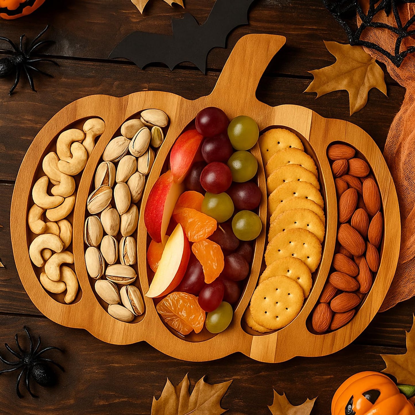 Renawe Acacia Wood Pumpkin Decor Halloween Charcuterie Boards for Kitchen Halloween Decoration Rustic Fall Serving Tray Food Dish Wooden Pumpkins Platter Thanksgiving Decorative Cheese Turkey Board