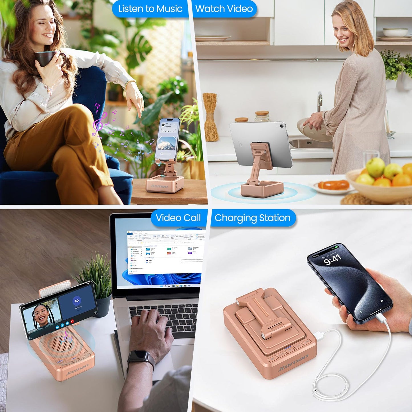 JTEMAN Cell Phone Stand with Bluetooth Speaker,HD Sound Adjustable Phone Holder,Birthday Gifts for Men Women, Cool Tech Kitchen Gadgets for Most Phones and Tablets-Rose Gold