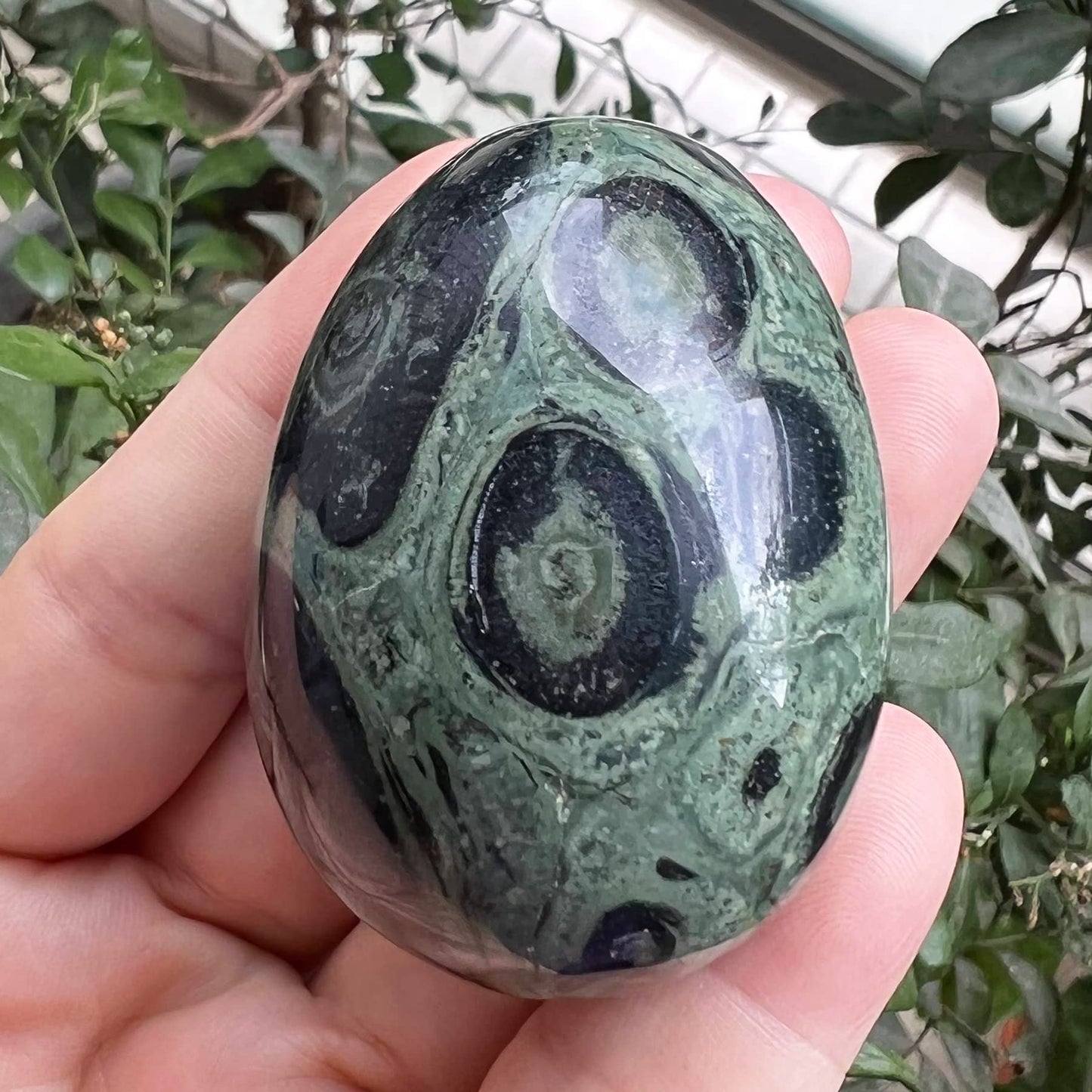 Fekuar Stone Egg Figurine, Polished Healing Crystal Easter Eggs Sphere Sculpture with Wood Stand, Natural Green Kambaba Jasper, 1.8"